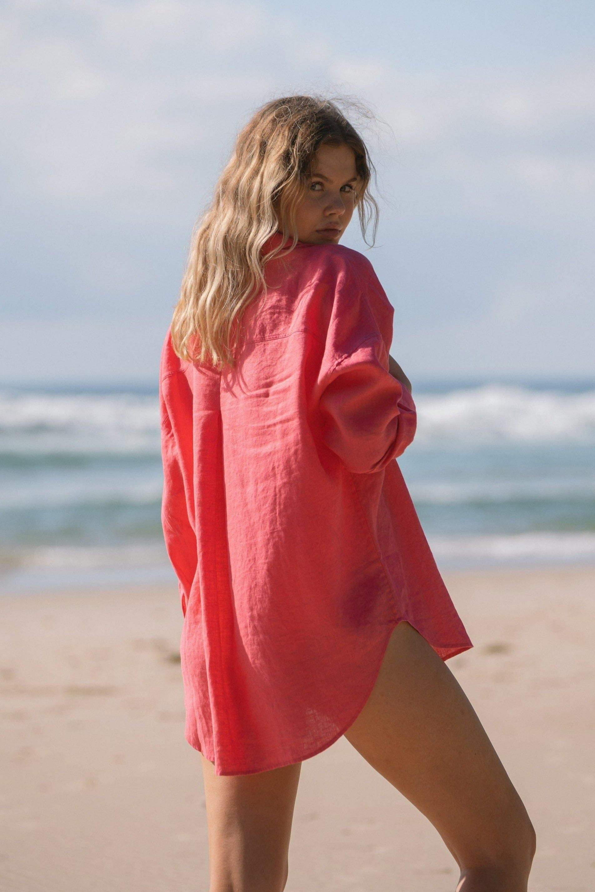 Lilly Pilly Collection Kirra shirt made from 100% Organic linen in Watermelon