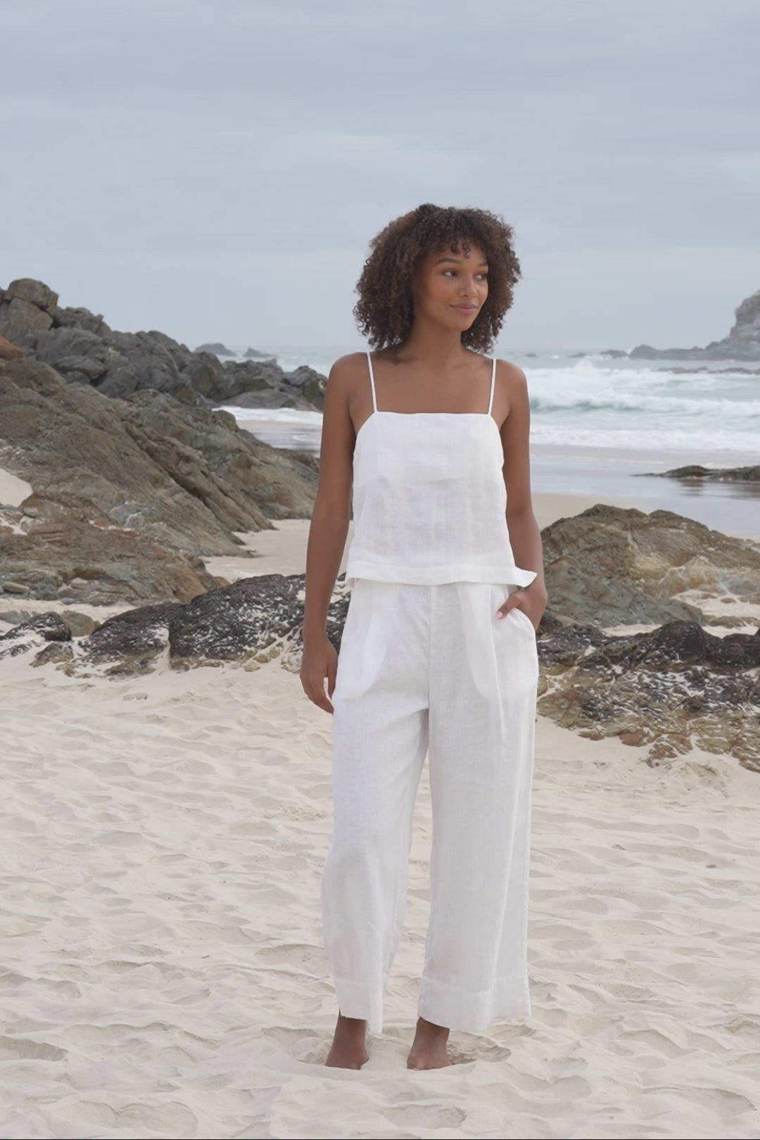 LILLY PILLY Rosa linen top paired with Ivy linen pants in ivory